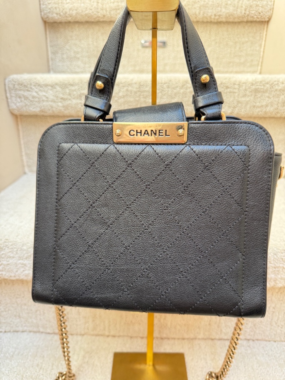 Chanel Grained Calfskin Stitched Label Click Shopper Tote Small and Black - Picture 2 of 14
